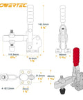 Heavy Duty Vertical Toggle Clamp With Rock Solid Grip Non Slip Rubber Pad 500 Lb Capacity Quick Release Hold Down dimensions and details.