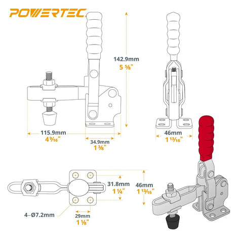 Heavy Duty Vertical Toggle Clamp With Rock Solid Grip Non Slip Rubber Pad 500 Lb Capacity Quick Release Hold Down dimensions and details.