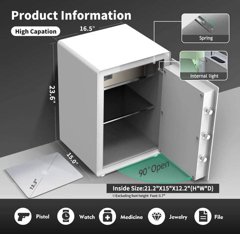 Biometric Fingerprint Safe With Touch Screen Auto Open 3.38 Cu Ft Steel Home Safe For Wardrobe And Office Digital Password Lock Modern Minimalist Design Keeps Your Stuff Safe And Secure open to show interior with shelves and dimensions labeled