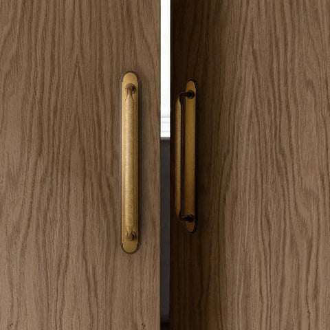 Antique Brass Zinc Alloy Cabinet Handle With Backplate 7.56 Inch Center To Center 192mm installed on wooden cabinet doors, side view