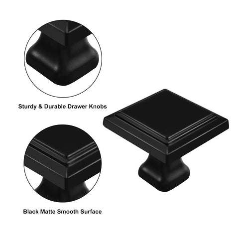 12 Pack Black Matte Square Cabinet Knobs For Drawers Built Tough With Solid Metal Build 30mm 1.2 Inch Size And Standard Screw Holes Easy Upgrade For Cabinets Dressers And More, black square knob close-up