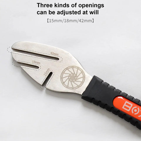 Disc Brake Pad Spreader Tool And Rotor Truing Fork For Bicycle Maintenance DIY Friendly, showing 15mm, 18mm, 42mm grooves