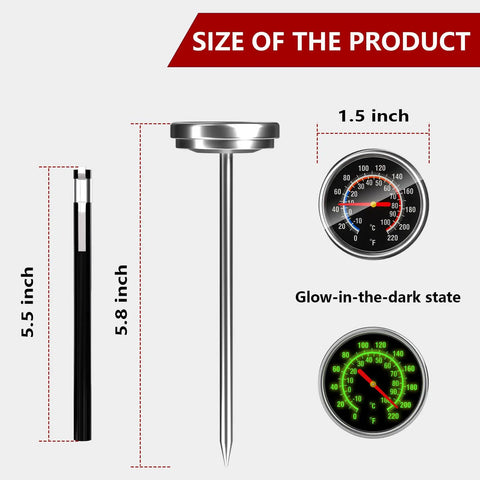 Instant Read Meat Thermometer With Your Go To Five Point Five Inch Stainless Steel Probe And One Point Five Inch Dial For Grilling Steak Chicken Bread Milk Tea And Coffee In The Kitchen shown with size and glow-in-the-dark dial.