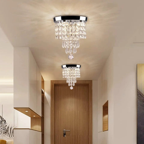 LED Crystal Chandelier Ceiling Light Flush Mount 9.8 by 12.4 Inches Chrome Fixture with 4 Light Sources in hallway