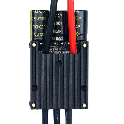 Electric Skateboard Speed Controller FSESC67 70A with aluminum anodized heat sink and cables, vertical view.