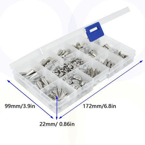 Rock Your Edge With This Kickass 150 Piece Punk Spike Rivet Kit Featuring Silver Zinc Alloy Cone Studs Screw Back Bullets And Essential Tools For Leather Crafting And Custom Apparel in a clear storage box.