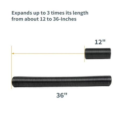 Flexible 2.5 Inch Dust Collection Hose With Left Spiral Design, shown compressed to 12 inches and extended to 36 inches