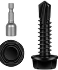 Heavy Duty Number Twelve By Three Quarter Hex Washer Head Self Tapping Screws Black Finished Stainless Steel Tek Self Drilling Sheet Metal Fasteners, including hex bit and screw heads.