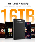 Tool Free Dual Bay External Hard Drive Enclosure For 2.5 Inch SATA SSD HDD with USB 3.0, showing 16TB capacity and black design.