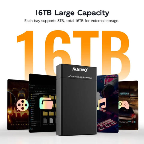 Tool Free Dual Bay External Hard Drive Enclosure For 2.5 Inch SATA SSD HDD with USB 3.0, showing 16TB capacity and black design.