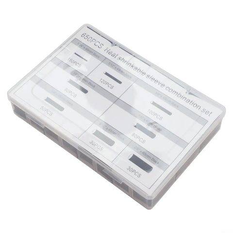 This Awesome 650 Piece Heat Shrink Tubing Kit With 2 To 1 Ratio Delivers Super Secure Wire Wraps That Stick Tight And Won't Slip Even In Hot Or Cold Temps Plus The Massive Assortment Covers All Your Electrical Projects No Matter How Big Or Small They clear plastic case with 650-piece heat shrink tubing assortment