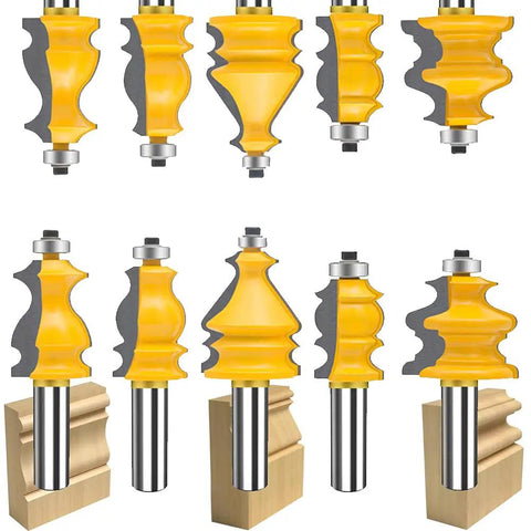 Half Inch Shank Router Bits Set Five Piece Pro Grade For Architectural Picture Frame Molding Cabinet Wood Milling And Miter Work Carbide CNC Cutting Tools For Doors And Tables