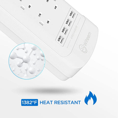 12-Outlet Surge Protector Power Strip With 4 USB Ports, 6-Foot Cord, heat-resistant design detail, showing USB ports