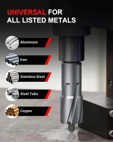 Heavy Duty TCT Annular Cutter 1 Inch Diameter With 2 Inch Depth Of Cut Magnetic Drill Bit Kit shown against steel surface.