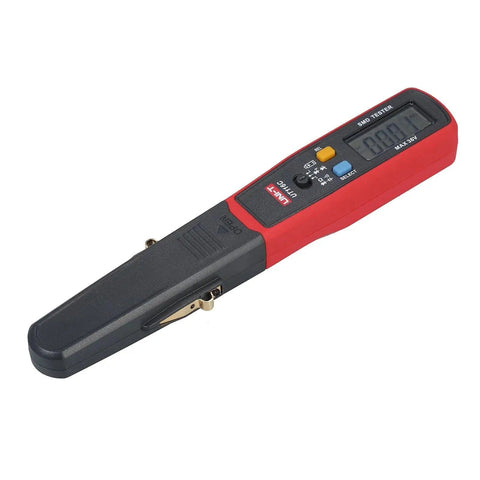 Red and black UT116C SMD Tester For Resistors, Capacitors, Diodes, And RCDs With Auto Range LCD, compact handheld device.
