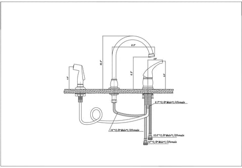 Technical drawing of RV Gooseneck Kitchen Sink Faucet with Matching Side Sprayer, High Arc Spout, Single Lever Handle specifications.
