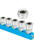 Five Way 1/2 Inch Manifold Block Splitter for air hose inline fittings, silver blue finish, heavy duty iron construction.