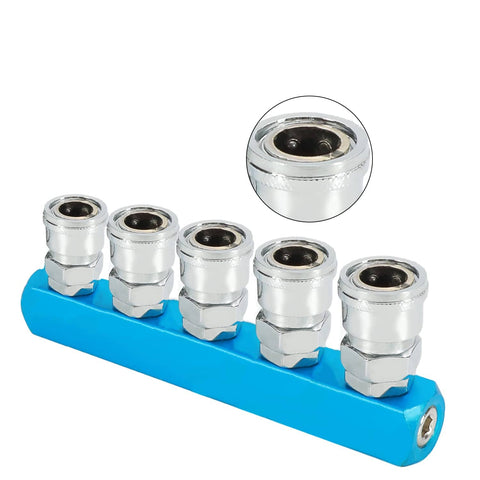 Five Way 1/2 Inch Manifold Block Splitter for air hose inline fittings, silver blue finish, heavy duty iron construction.