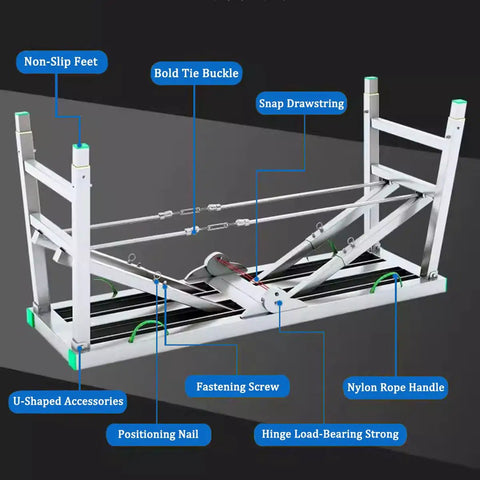 Features of Top Shelf Folding Work Platform And Scaffold Tower With Adjustable Height, including non-slip feet and fastening screws.