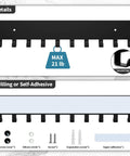 Diagram of Wall Mounted Key Holder With 10 Hooks No Drill Self Adhesive Matte Black Metal Key Rack with installation options.