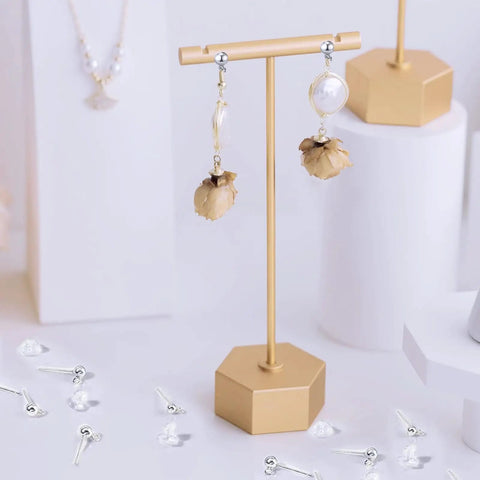Sterling Silver Earring Posts For DIY Jewelry Making Pro Grade 3 Sizes S925 Ball Post Studs With Loop And Clear Earring Backs Hypoallergenic Ear Findings Kit Bundle For Jewelry Crafting And Bead Work on display stand with flower drop earrings