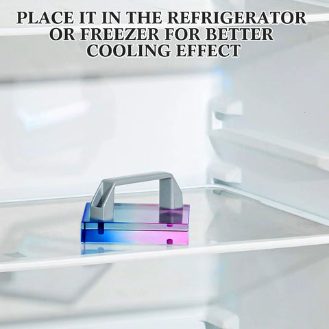 Rapid Cooling Block With Handle For Heat Press HTV And DTF Projects 4x4 Inch Cooling Block on refrigerator shelf