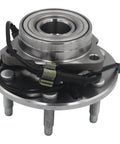 Front Wheel Hub And Bearing Assembly For 4x4 Trucks And SUVs Direct Fit For Chevys Silverado Tahoe Avalanche Suburban Express 1500 GMC Sierra Yukon Savana Escalade ESV 6 Lug With ABS Replacement, view from the top showing 6 lug nuts and ABS wiring.