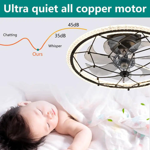 AMZSTAN 20" Caged Ceiling Fan with Light and Remote, 6-Speed Reversible Farmhouse Ceiling Fan with 3 Color Light Settings and 1/2 Hour Timer, Matte Black Industrial Fan for Kitchen Bedroom Living Room, quiet motor with a sleeping baby.