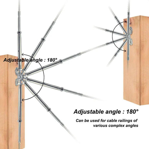 Beefy Heavy Duty Steel Cable Railing Hardware Kit with adjustable 0-180 degree angles on wood posts