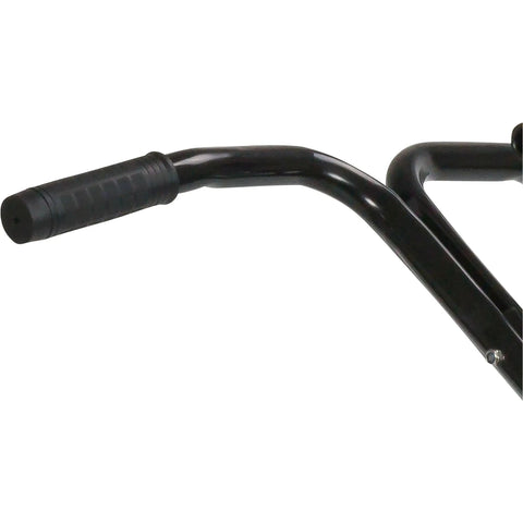 Close-up of black handlebar on Heavy Duty 70 Pound Turf Broadcast Spreader For Contractors Red With Weatherproof Hopper And Enclosed Gear System