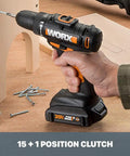 Person using Lightweight 20V Cordless Drill And Driver With 15-Position Clutch, 265 Inch-Pounds Torque, on a wooden board