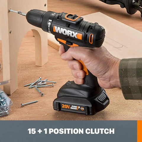 Person using Lightweight 20V Cordless Drill And Driver With 15-Position Clutch, 265 Inch-Pounds Torque, on a wooden board