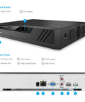Front and back views of 8 Channel 4K NVR Security System with real time 30fps, showing ports and LED display.