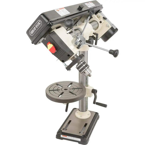 No-Fuss Shop Floor Beast Benchtop Radial Drill Press with 1/2 horsepower motor and 5 speed settings, 5/8 inch chuck.