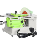 Professional Gem Faceting Machine Designed For Jade Stone Cutting Plus Jewelry Angle Polishing 500 Through 7000 RPM Integrated Precision Lapidary Grinding Workstation shown with green motor and cutting blade.