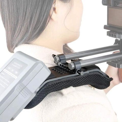 Steady Shoulder Mount And Pad For DSLR Camcorders And DV Cameras With 15mm Rail System Ergonomic Shoulder Rig in use on woman