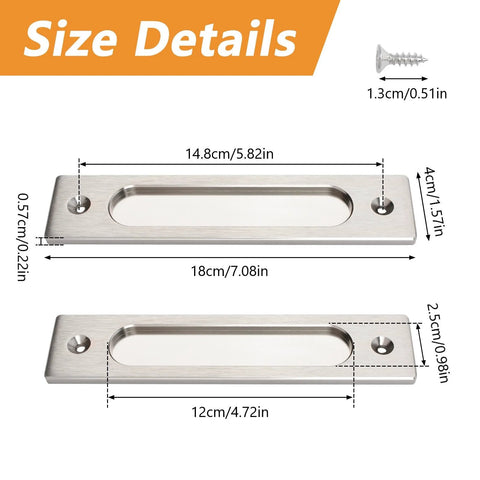 Size details for Rectangular Recessed Sliding Door Pulls 2 Piece Brushed Steel Flush Pulls with dimensions and mounting screws shown