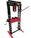 Real Deal 40 Ton Air Hydraulic Shop Press Working As A Heavy Duty Shop Beast With Eight Height Adjustments And Precision Gauges For Serious Automotive Repair Jobs Today, showcasing red and black frame design.