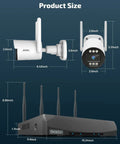 Product size of the 130 Degree Wide Angle Wireless Outdoor Security Camera System With Two Way Audio, WiFi Video Surveillance DVR Kit