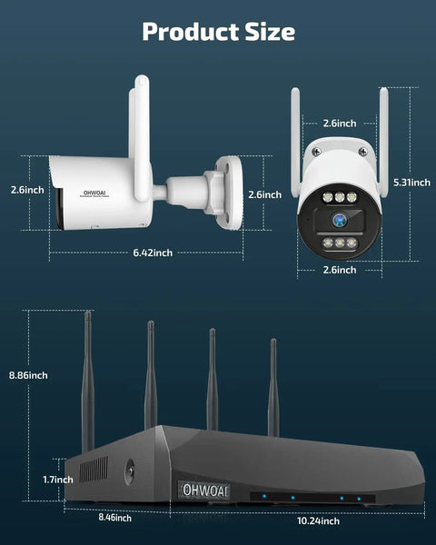 Product size of the 130 Degree Wide Angle Wireless Outdoor Security Camera System With Two Way Audio, WiFi Video Surveillance DVR Kit