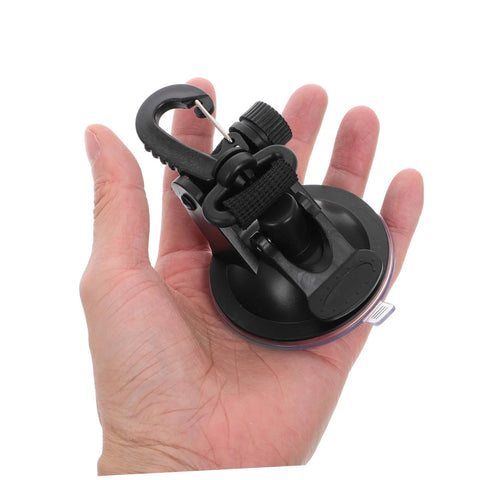 Heavy Duty Cup Hooks 4 Pack With Suction Anchors For Camping And Outdoor Travel, shown in hand for size reference, black.