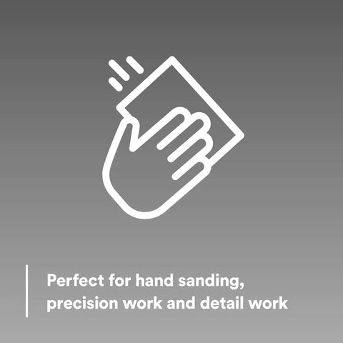 Illustration of hand using Softback Sanding Sponge Set, 20 Pack, Medium Grit for Wet or Dry Sanding, Flexible Foam Backing Conforms to Curves.