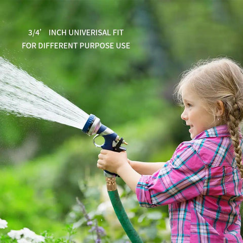 Child using garden hose with 3/4 inch universal fit nozzle, showcasing outdoor use of quick connect set.