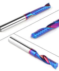 End mill, solid carbide, 1/4 in shank, rainbow coating, single flute (front view)
End mill, solid carbide, 1/4 in shank, rainbow coating, upcut single flute (side view)
End mill, solid carbide, rainbow coating, single flute, close-up of twisted helical flutes