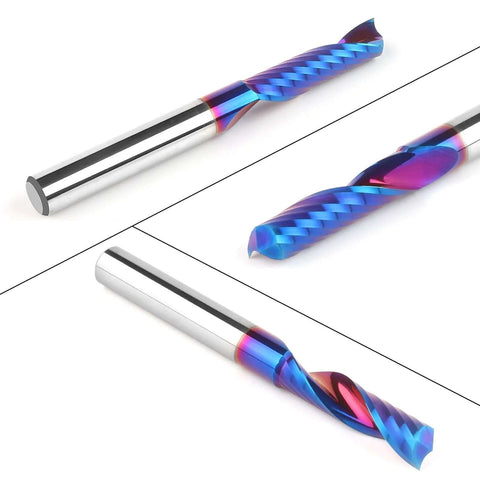 End mill, solid carbide, 1/4 in shank, rainbow coating, single flute (front view)
End mill, solid carbide, 1/4 in shank, rainbow coating, upcut single flute (side view)
End mill, solid carbide, rainbow coating, single flute, close-up of twisted helical flutes