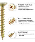 Close-up of 420 Piece Flat Head Phillips Wood Screws Assortment Kit, Zinc Coated Carbon Steel with sharp point and fully threaded design.