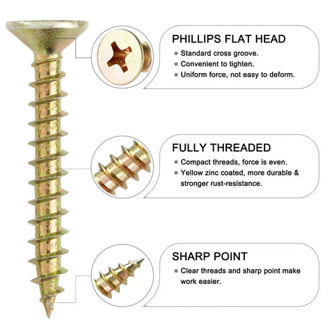 Close-up of 420 Piece Flat Head Phillips Wood Screws Assortment Kit, Zinc Coated Carbon Steel with sharp point and fully threaded design.