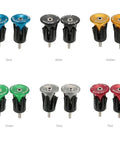 Assorted colored bar end plugs for bikes, including black, blue, green, yellow, red, and silver. Suitable for mountain and road bikes.