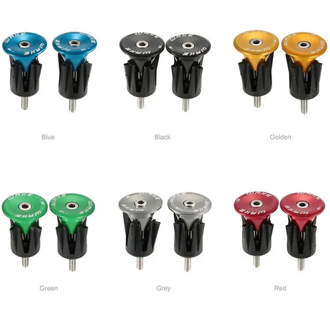 Assorted colored bar end plugs for bikes, including black, blue, green, yellow, red, and silver. Suitable for mountain and road bikes.