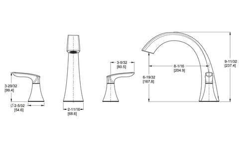 Technical diagram of Roman Tub Faucet Trim Kit With High Arc Spout And 2-Handle Deck Mount 3-Hole Installation Brushed Nickel Finish Valve Not Included